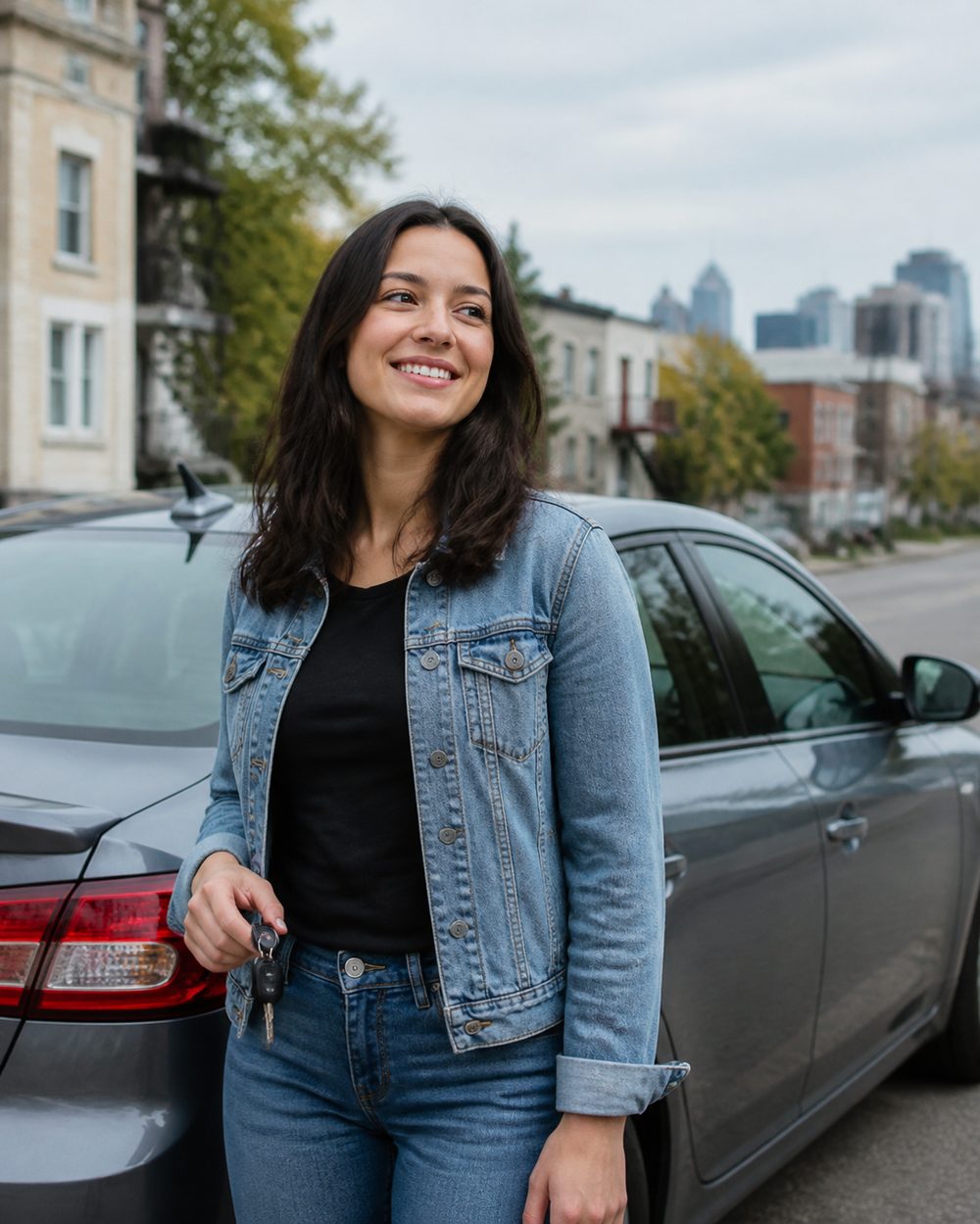 Élève souriante tenant ses clés après son examen de conduite à Montréal